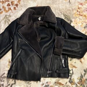 Mango Black Leather Jacket with Faux Fur Lining